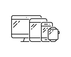 Electronic devices set. Desktop, tablet, phone and smart watch. Cross device responsive design. Pixel perfect, editable stroke.