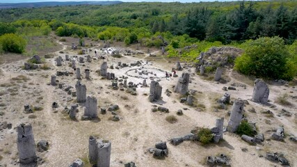 Canvas Print - Drone 4k video of Pobiti Kamani rock formations called Stone Desert in Bulgaria