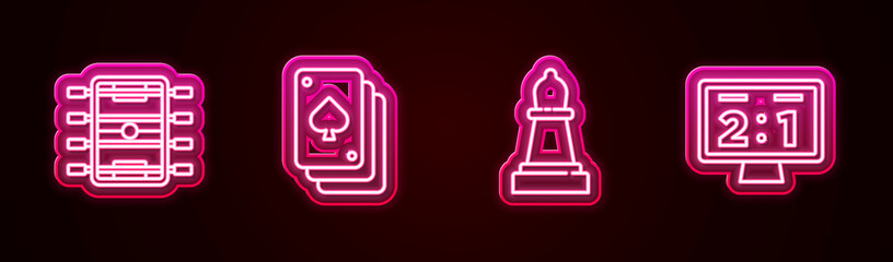 Poster - Set line Hockey table, Playing cards, Chess and Sport mechanical scoreboard. Glowing neon icon. Vector