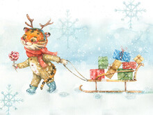 Winter Watercolor Illustration Of A Cute Tiger Wearing A Deer Costume And Carrying A Sleigh With Christmas Gifts