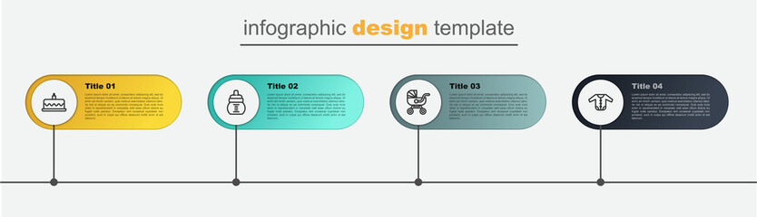 Wall Mural - Set line Baby clothes, stroller, bottle and Cake with burning candles. Business infographic template. Vector