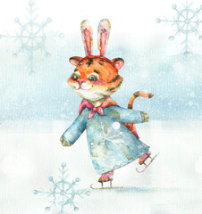  Winter watercolor illustration of a cute tiger wearing a hare costume and skating - hand-drawn.