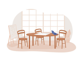 Poster - Meeting room 2D vector isolated illustration. Table with chairs for corporate team. Workshop space. Startup conference room flat interior on cartoon background. Office colourful scene