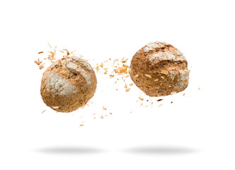 Wall Mural - Bread jumping with crumbs on white background