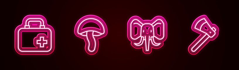 Sticker - Set line First aid kit, Mushroom, Elephant and Wooden axe. Glowing neon icon. Vector