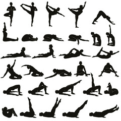 Wall Mural - Silhouettes of woman doing yoga and fitness exercises.  Vector icons of flexible girl stretching and relaxing her body in different yoga poses. Black shapes of yoga woman isolated on white background.