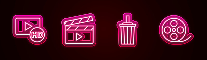 Poster - Set line Hd movie, tape, frame, Movie clapper, Paper glass with water and Film reel. Glowing neon icon. Vector