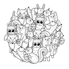 Wall Mural - Cute woodland animals circle shape pattern for coloring book. Autumn forest characters mandala coloring page. Black and white print with squirrel, owl, fox, bear, rabbit and other. Vector illustration