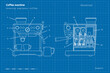 Espresso coffee machine blueprint. Outline drawing of coffeemaker. Industrial linear concept