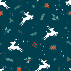 Wall Mural - Cute hand drawn christmas seamless pattern with white reindeer and decoration, branches, flowers, berries, great for banners, wallpapers, wrapping, textiles - vector design