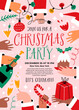 Merry Christmas Party Poster with hands holding holiday food, drink and decorations