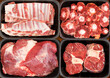 Meat, raw meat, beef, various types of raw beef in plastic boxes, osobuko, knuckle on the bone, beef tail, beef neck, ribs, collage of 4 photos.