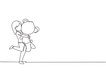 Poster - Single one line drawing portrait of expressive little girl hugging her plush bear friend. Little girl playing with teddy bear. Childhood, toys. Continuous line draw design graphic vector illustration