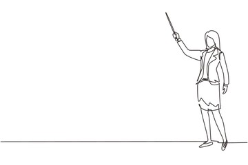 Poster - single continuous line drawing female teacher, professor standing in front of class with pointer sti