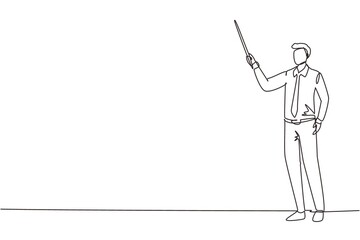Poster - single one line drawing male teacher, professor standing in front of class with pointer stick teachi