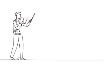 Poster - single one line drawing man teacher standing with open book, pointer in front of classroom teaching 