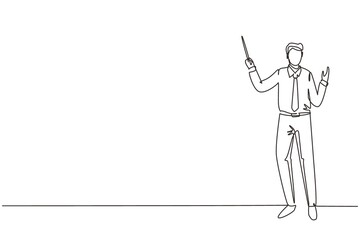 Poster - continuous one line drawing school teacher. man in tidy shirt, tie and standing with pointer. lectur