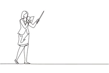 Poster - single one line drawing woman teacher standing with open book, pointer in front of classroom teachin