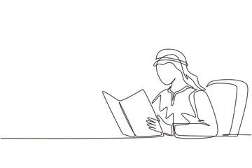 Poster - Single continuous line drawing Arab student sitting at table, holding book in hands. Student reading book in library. Student reading book, preparing for exam. One line draw design vector illustration