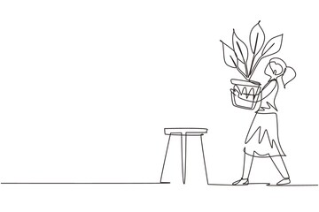 Wall Mural - continuous one line drawing young woman in cozy room holds pot with plant in her hands. growing and 