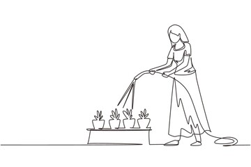 Poster - Continuous one line drawing young woman watering potted plants with hose. Gardening, greenhouse, botanical garden, flowers growing, plant nursery concept. Single line draw design vector illustration