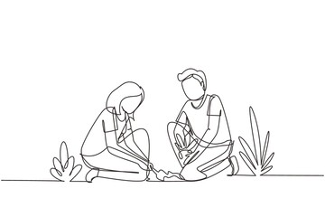 Poster - Single one line drawing young man woman are planting tree. Gardening, garden tools, spring, stalk. Couple plants seedling. Girl helps man plant young tree. Continuous line draw design graphic vector