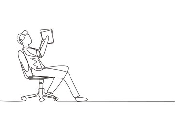 Poster - Single continuous line drawing boy reads book in chair. Side view of exiting process of learning by young male. Style of boy spending spare time by reading literature. One line draw design vector