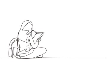 Poster - Single continuous line drawing education. Back view woman sitting on floor reading book. College student prepare to exam, back to school gaining knowledge. One line draw design vector illustration