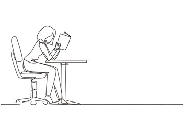 Poster - Single continuous line drawing girl student reading book in library or bookshop and sitting on chair at table. People read and study education or pupil learning lesson. One line draw design vector
