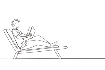 Wall Mural - Single one line drawing reclined man reading book in lounge chair. Chill out time with good story concept. Smart male reader enjoying literature or studying. Continuous line draw design graphic vector