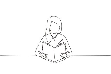 Poster - Single continuous line drawing girl reading book, education. Woman student sitting at desk to read literary work, story books and study, textbooks on table. One line draw design vector illustration