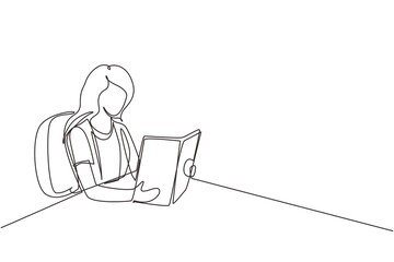 Poster - Single one line drawing girl student sitting at table and holding book in hands. Female reading a book. Young woman reading book and preparing for exam. Continuous line draw design vector illustration