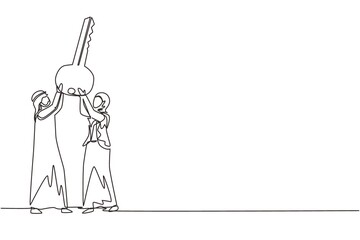 Poster - Single continuous line drawing Arabian businessman and businesswoman lift up big key, symbol of success. Male and female hold together key. Partnership can lead to success. One line draw design vector