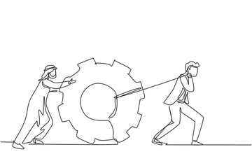 Poster - single continuous line drawing arabian business men pulling large gear on rope. business leader help