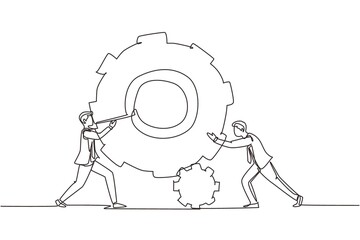 Poster - Single continuous line drawing two businessmen help each other pushing big cog. People push gear, team of business tech holding gear collaboration solution. One line draw design vector illustration