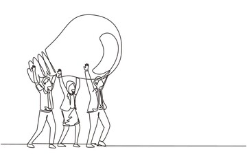 Poster - Continuous one line drawing concept of joint teamwork, building business team. Men women hold and lift light bulb. Idea generation, creative search. Single line draw design vector graphic illustration