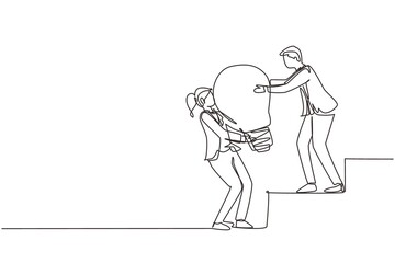 Poster - single continuous line drawing woman helping man to lifting light bulb at stairs. business idea, tea