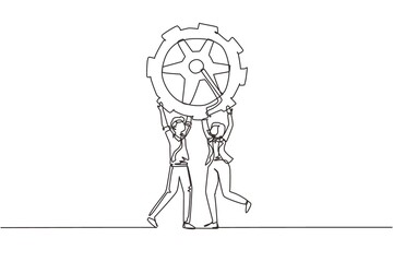 Wall Mural - Single continuous line drawing collaboration. Man and woman lifting gears. People working with cogs. Professional teamwork process cooperation concept. One line draw design graphic vector illustration