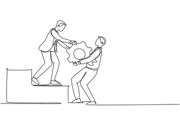 Poster - continuous one line drawing businessman helping his partner to lifting cogs or gears on top of stair