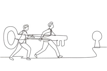 Poster - Single continuous line drawing business men standing in front of keyhole with big key. Business team holding key to success. Two business man carrying huge golden key. One line draw design vector
