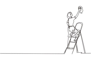 Poster - Continuous one line drawing window washer is cleaning window using squeegee. Housekeeping service. Woman cleaner standing on ladder and washing with sponge. Single line draw design vector illustration