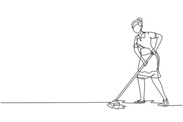Wall Mural - Single continuous line drawing woman mopping floor in uniform. Girl cleaner janitor cleaning office. Cleaning service, hospital disinfection. Cleaning workers. One line draw design vector illustration