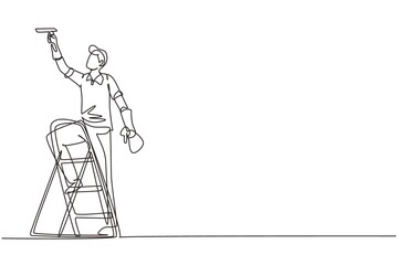 Poster - Continuous one line drawing cleaner standing on ladder, washing with sponge. Cleaning service, cleaning tools, washing sponge, house cleaning and housework. Single line draw design vector illustration