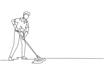 Poster - single one line drawing man mopping floor in uniform. male cleaner janitor cleaning the office. clea