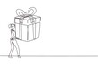 © Simple Line - Continuous one line drawing happy woman carrying a big present box. The creative idea of earning a reward, gift, or prize. Concept of celebration. Single line draw design vector graphic illustration