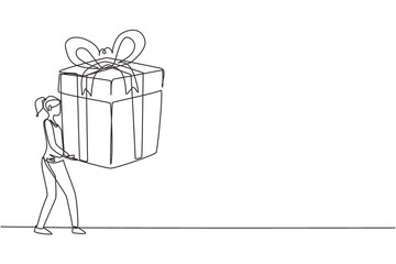 Wall Mural - Continuous one line drawing happy woman carrying a big present box. The creative idea of earning a reward, gift, or prize. Concept of celebration. Single line draw design vector graphic illustration