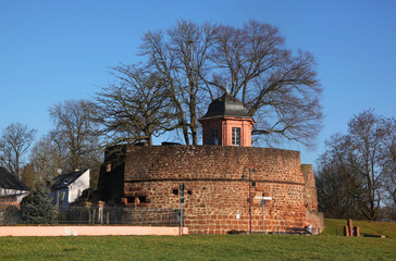 Medieval city wall with bastion and baroque pavilion in the old town of Trier Pfalzel in Germany