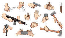 Set Of Isolated Illustrations Of Hands Holding Weapons. Set Of Vector Illustration Of Defense Situation. 