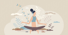 Guided meditation and yoga activity using headphones tiny person concept. Distant listening and relaxation from home as mental or emotional therapy for mind wellness and calm body vector illustration.