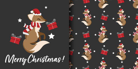 Wall Mural - Christmas holiday season banner with Merry Christmas text and seamless pattern of a fox wear Santa hat and red scarf with gift box and stars on black background. Vector illustration.